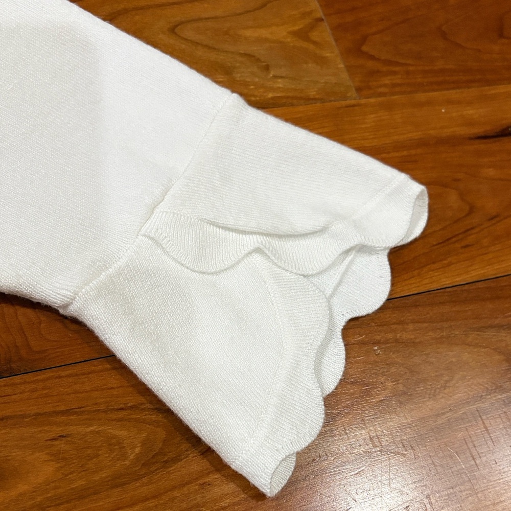 Payton Primrose White Scallop-Trim Open Front Sweater 3/4 Sleeve Sz Large - Picture 3 of 6